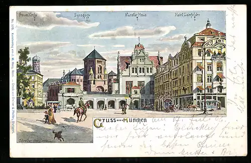 Künstler-AK München, Synagoge mit Hotel Leinfelder und Künstler-Haus