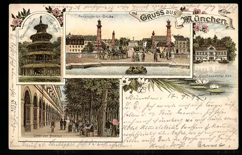 Vorläufer-Lithographie München, 1895, Unter den Arkaden, Prinzregenten-Brücke