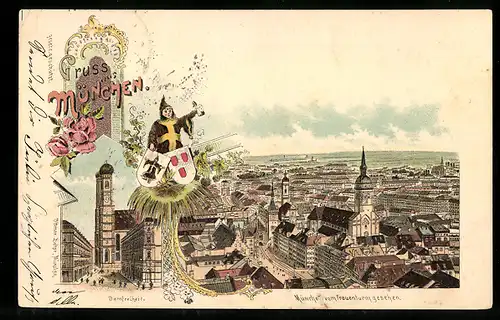 Lithographie München, Domfreiheit, Stadt vom Frauenturm, Münchner Kindl