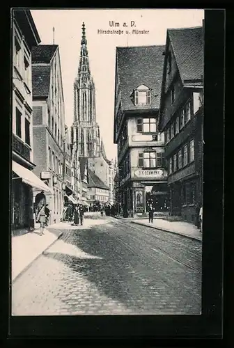 AK Ulm a. D., Hirschstrasse mit Geschäft und Münster