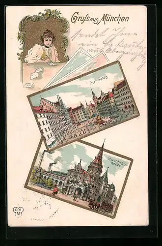 Lithographie München, Passanten am Marienplatz, Restaurant Löwenbräukeller