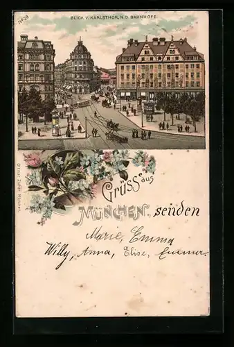 Lithographie München, Am Karlstor mit Pferdebahn