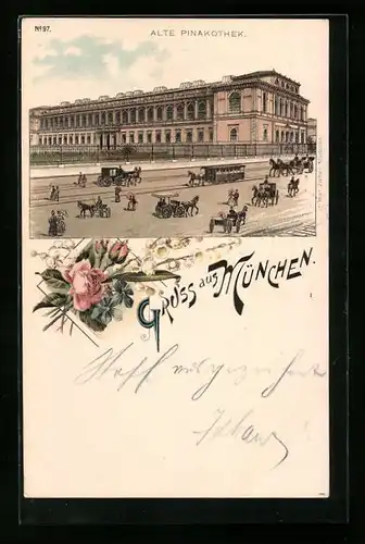 Lithographie München, Pinakothek mit Pferdebahn