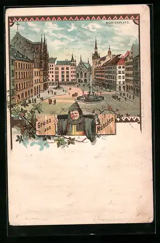 Lithographie München, Marienplatz mit Denkmal, Münchner Kindl