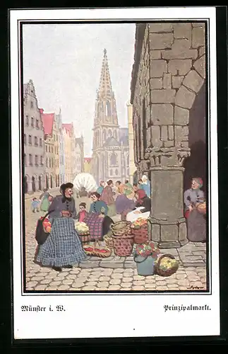 Künstler-AK sign. Sydow: Münster, Prinzipalmarkt gegen Kirche