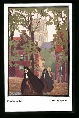 Künstler-AK Münster i. W., Blick zum Spiegelturm