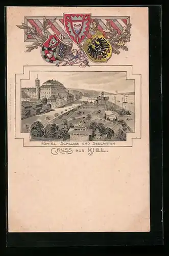 Passepartout-Lithographie Kiel, Königliches Schloss und Seegarten, Wappen