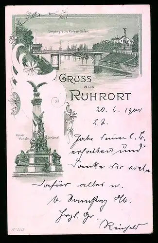 Lithographie Ruhrort, Eingang zum Kaiser-Hafen, Kaiser-Wilhelm-Denkmal
