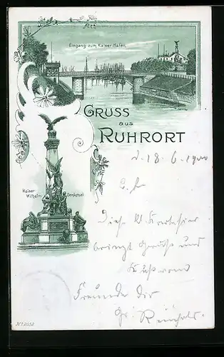 Lithographie Ruhrort, Eingang zum Kaiser-Hafen, Kaiser-Wilhelm-Denkmal