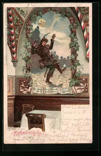 Lithographie Kiel, Gasthaus Ratsweinkeller v. F. Feldmann, Wandgemälde, Innenansicht