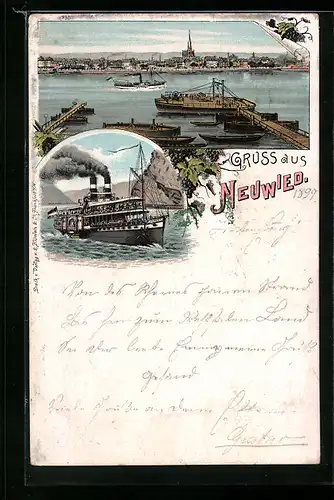 Lithographie Neuwied, Panorama mit Hafen, Dampfer