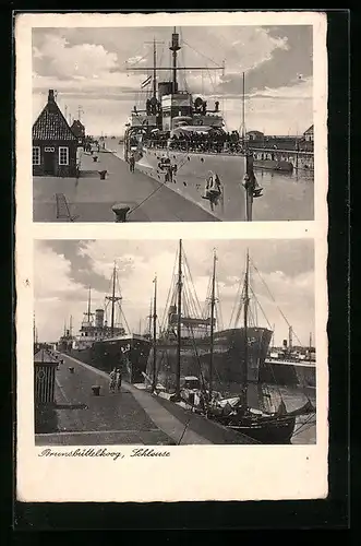 AK Brunsbüttelkoog, Schleuse mit Dampfern