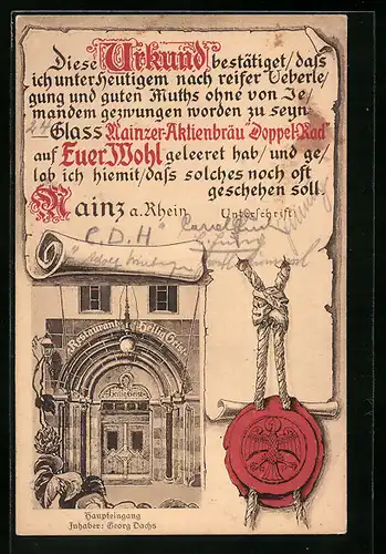 AK Mainz, Restaurant Heilig Geist, Haupteingang, Urkunde mit Siegel für Anzal der getrunkenen Biergläser