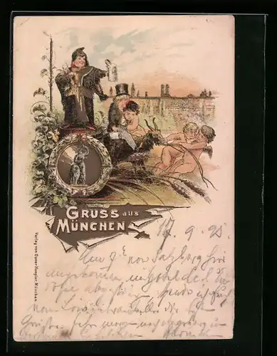 Vorläufer-Lithographie München, 1895, Münchner Kindl mit Bierkrug, Kinder mit Ziege