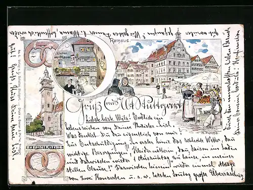 Lithographie Stuttgart, Rathaus, Unter der Mauer, Hospitalkirche