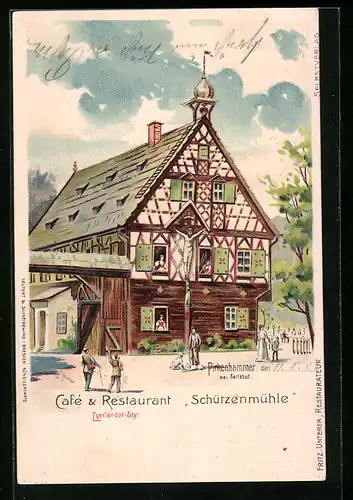 Lithographie Pirkenhammer b. Karlsbad, Cafe Restaurant Schützenmühle