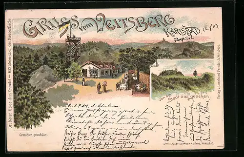 Lithographie Karlsbad, Restaurant und Aussichtsturm auf dem Veitsberg