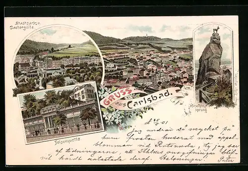 Lithographie Carlsbad, Hirschensprung, Stadtpark und Gartenzeile, Felsenquelle