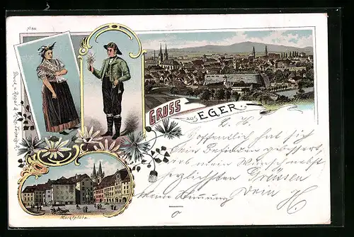 Lithographie Eger, Marktplatz, Totalansicht, Egerländer in Tracht