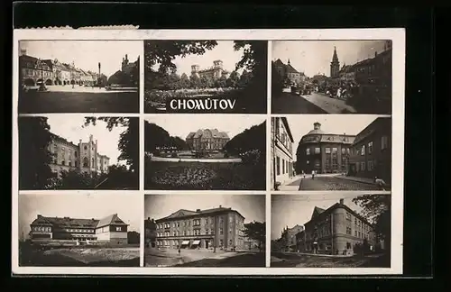 AK Chomutov, Strassenpartie mit Kirche, Schloss, Gebäudeansichten