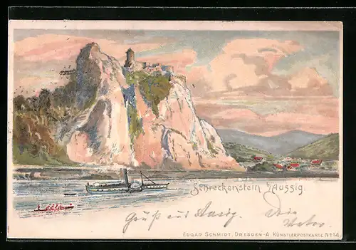 Lithographie Schreckenstein, Elbestrand mit Dampferpartie