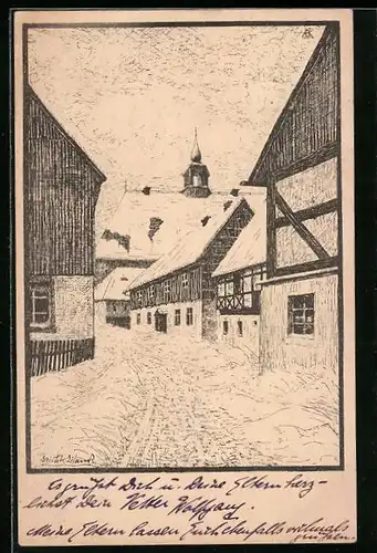 Künstler-AK Katharinaberg i. Böhm., Strassenpartie bei Schnee