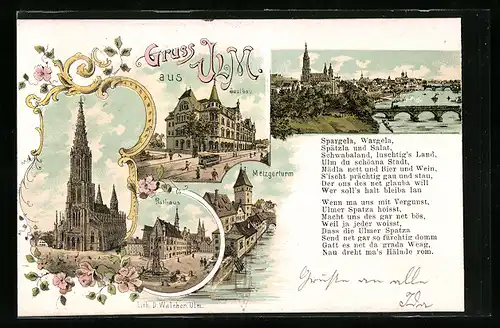 Lithographie Ulm, Metzgerturm, Saalbau, Münster