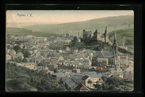 AK Mylau i. V., Ortsansicht mit Kirche