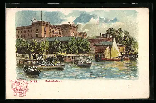 Lithographie Kiel, Marineakademie und Matrosen