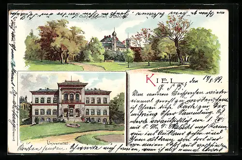 Lithographie Kiel, Schlossgarten u. Schloss, Universität