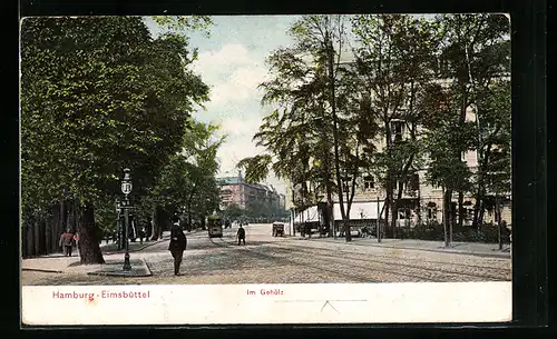 AK Hamburg-Eimsbüttel, Im Gehölz mit Strassenbahn