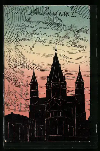 Künstler-AK Mainz, Kirche im Abendlicht