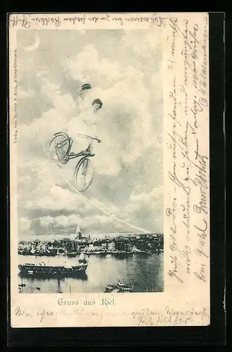AK Kiel, Radfahrerin über der Stadt, Dampfer