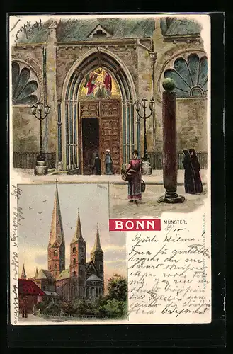 Lithographie Bonn, Münster bei Abendstimmung, Portal