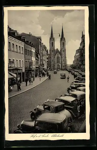 AK Hof, Strassenpartie in der Altstadt, Autos