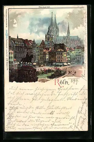 Lithographie Köln, Heumarkt mit Reiterdenkmal