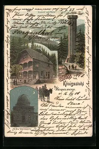 Lithographie Heidelberg, Aussichtsturm auf dem Königsstuhl, Sternwarte, Gasthaus
