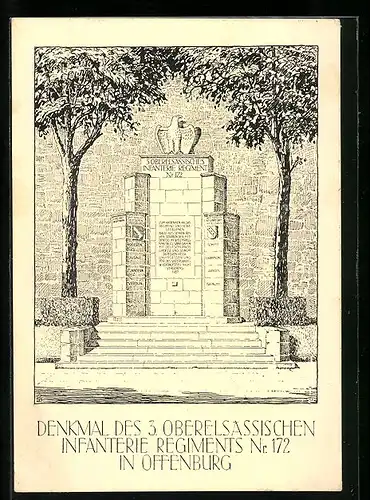 Künstler-AK Offenburg, Denkmal des 3. Oberelsässischen Infanterie Regiments Nr. 172