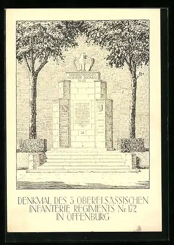 Künstler-AK Offenburg, Denkmal des 3. Oberelsässischen Infanterie Regiments Nr. 172