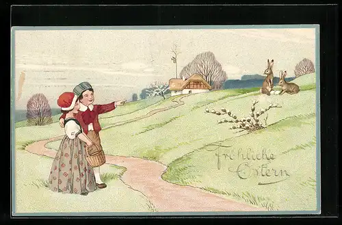 AK Fröhliche Ostern, Kinderpaar beobachtet Osterhasen am Eiernest