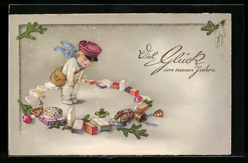 AK Kind mit Geschenken, Lebkuchen und Hufeisen