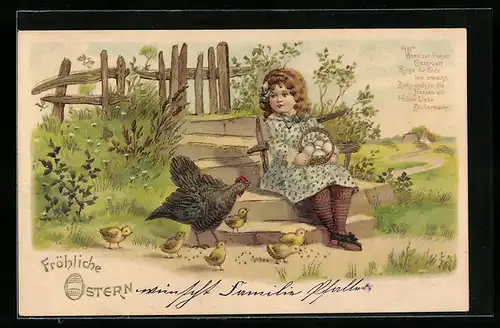 AK Mädchen mit Osterküken am Wegesrand