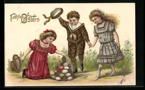 AK Kinder bauen einen Turm mit Ostereiern, Fröhliche Ostern