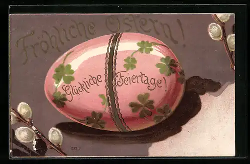 AK Glückliche Feiertage, Osterei mit Kleeblatt-Motiv
