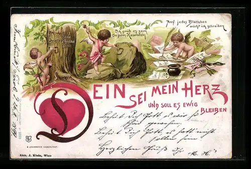AK Amor schreibt Briefe und ritzt Initialen in Baum und Stein, Dein sei mein Herz