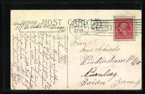 AK Osterhasen neben Rechen und Korb