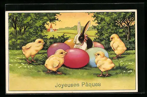 AK Osterhase umzingelt von Küken