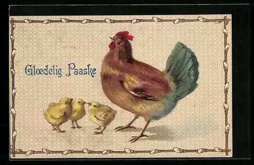 AK Huhn mit drei Osterküken