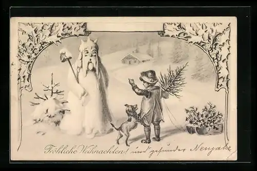AK Junge und Hund begegnen einem Schneemann in Winterlandschaft