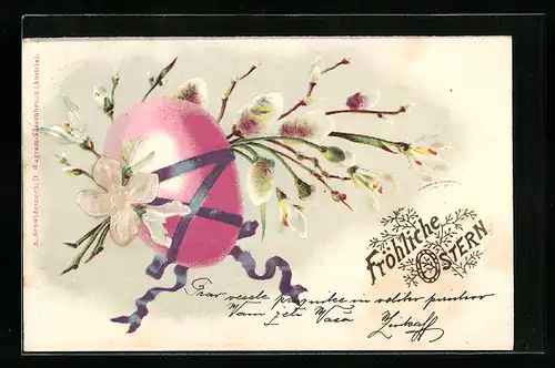 Stoff-Präge-AK Bemaltes Osterei mit Weidenkätzchenzweigen und Blume geprägt